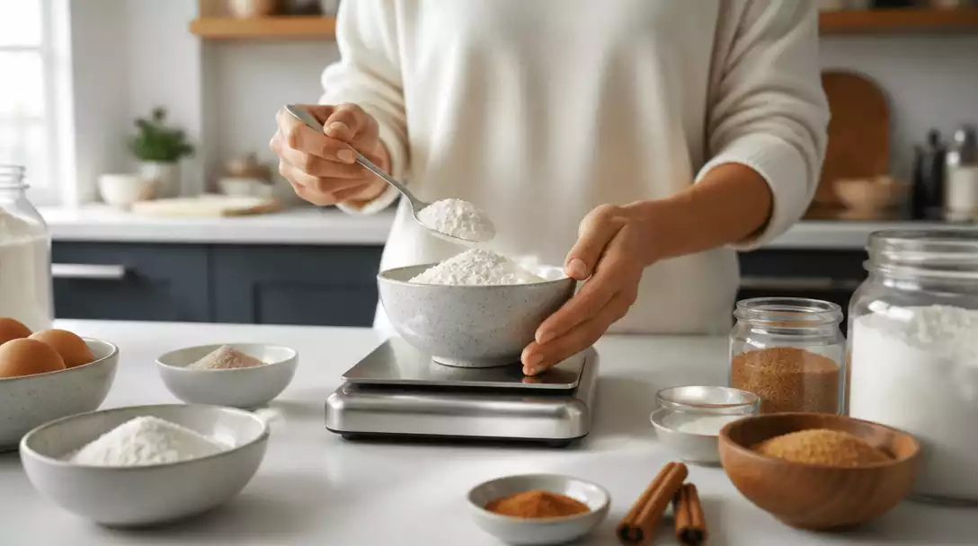 Person using a kitchen scale to measure ingredients accurately