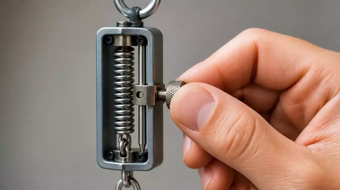Close-up of a hand adjusting a spring scale with a focus on the calibration mechanism