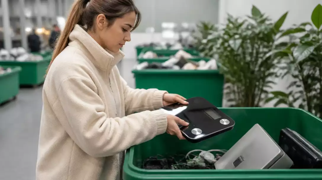 Person responsibly disposing of a digital scale at an e-waste recycling facility
