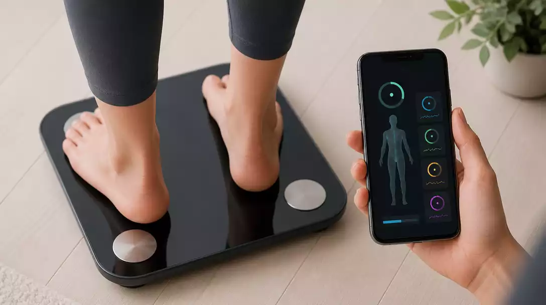 Person's feet on a FitIndex smart scale, with a smartphone displaying body composition metrics, clean modern design, no text, no words, no typography, no labels, clean image