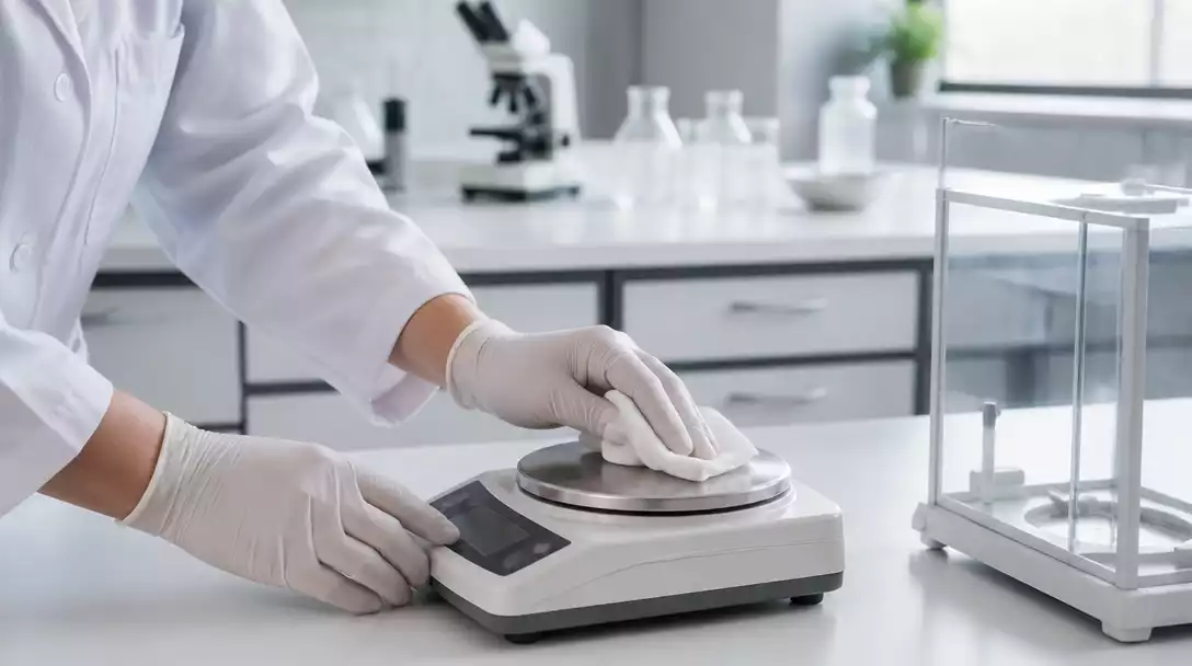 Person cleaning a digital weighing scale with a soft cloth in a clean laboratory setting