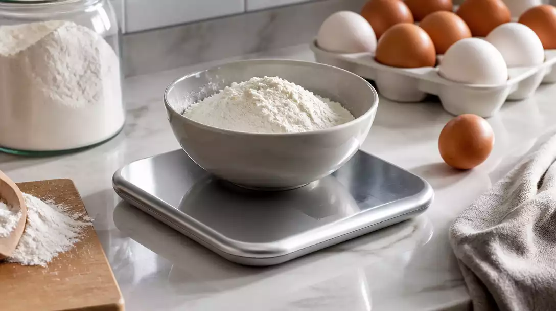 Modern digital kitchen scale on a clean kitchen counter, showing precise weight for baking ingredients