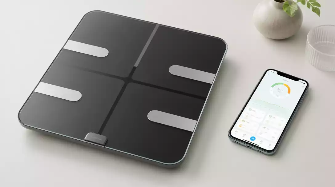 Modern Beurer scale connected to a smartphone displaying health data on the Beurer HealthManager Pro App, on a clean, light background