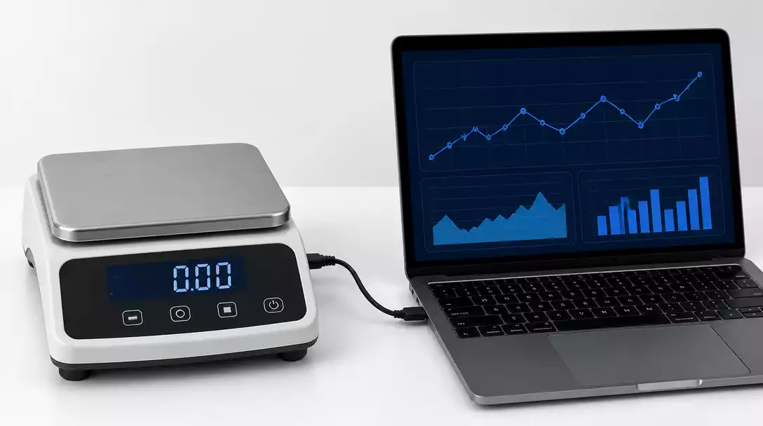 Modern digital weighing scale connected to a laptop via USB cable, with data displayed on the screen