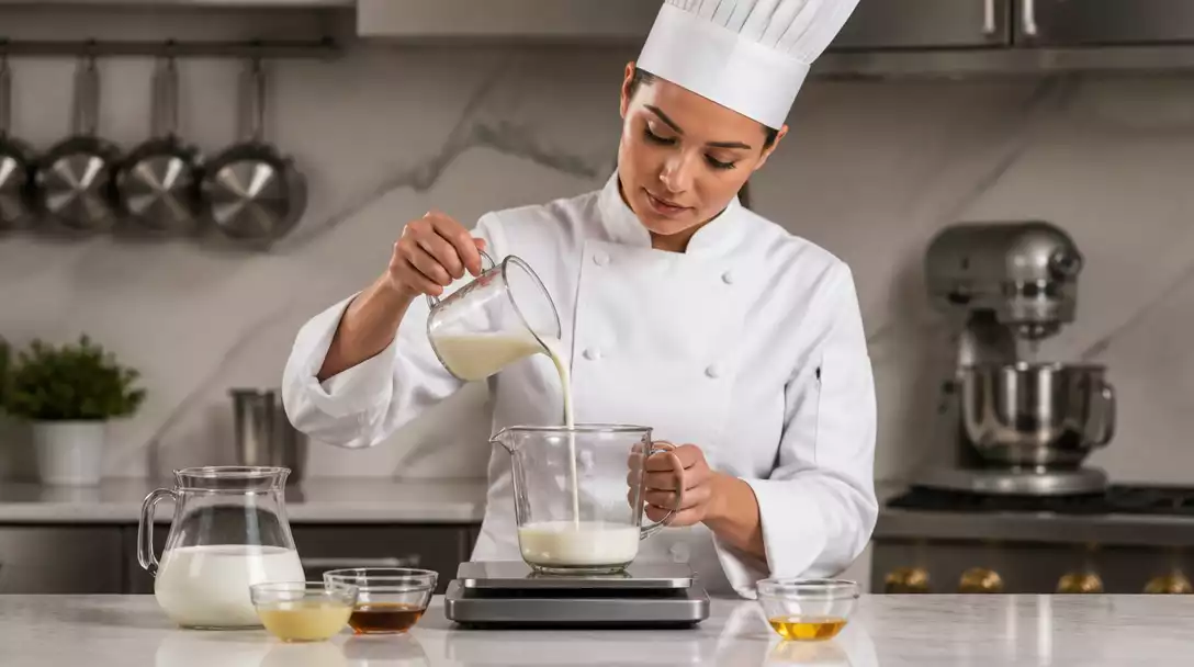 Chef precisely measuring liquid ingredients in a kitchen with measuring cups and digital scale