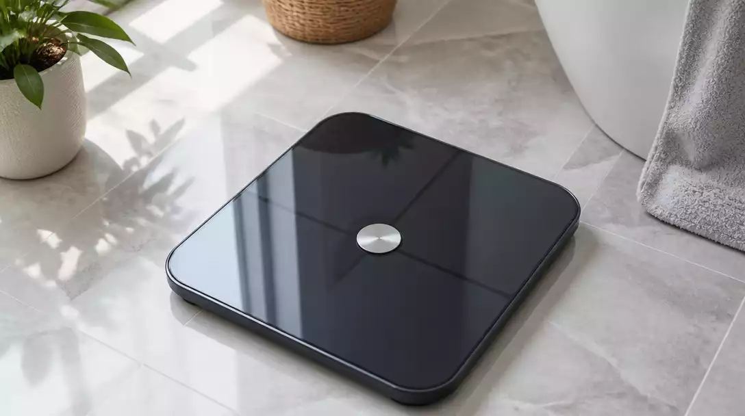 Modern digital bathroom scale on a clean bathroom floor, natural light, no text, no words, no typography, no labels, clean image