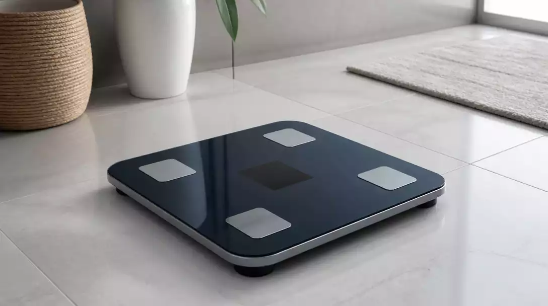 Tanita scale on a hard, flat tiled bathroom floor, clean and modern aesthetic