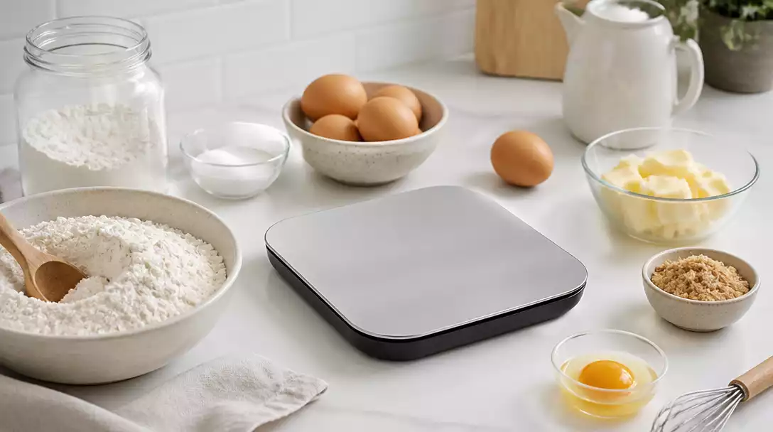 Modern digital kitchen scale on a white kitchen counter with baking ingredients