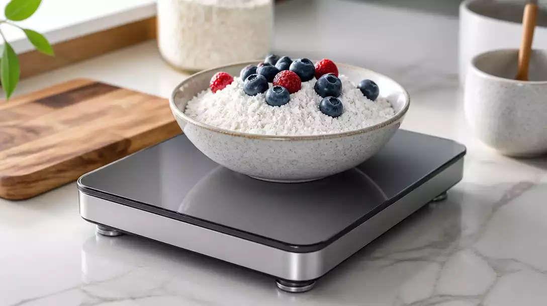 Digital food scale with various ingredients being weighed, showing precision and detail