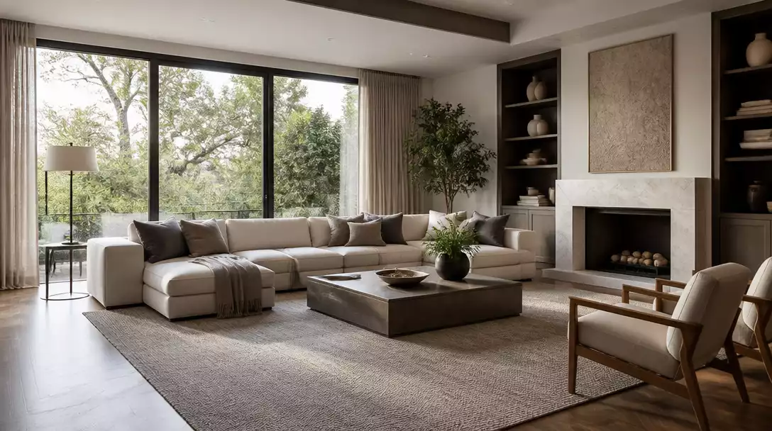 Modern living room with perfectly scaled furniture, demonstrating harmonious flow and balance