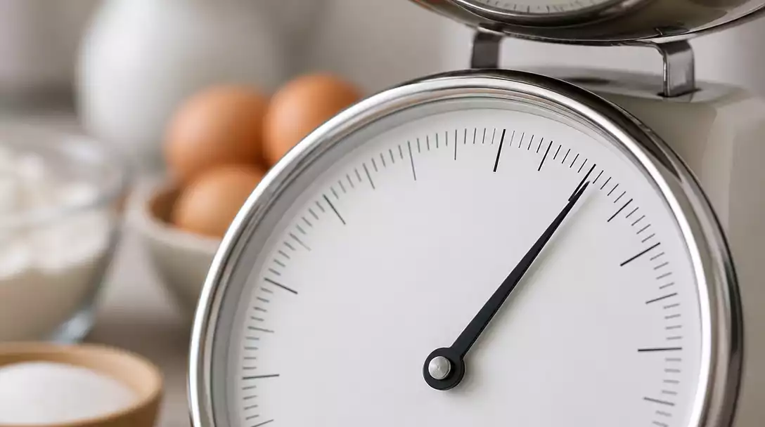Close-up of an analog kitchen scale dial with a needle pointing to a measurement, with blurred ingredients in the background