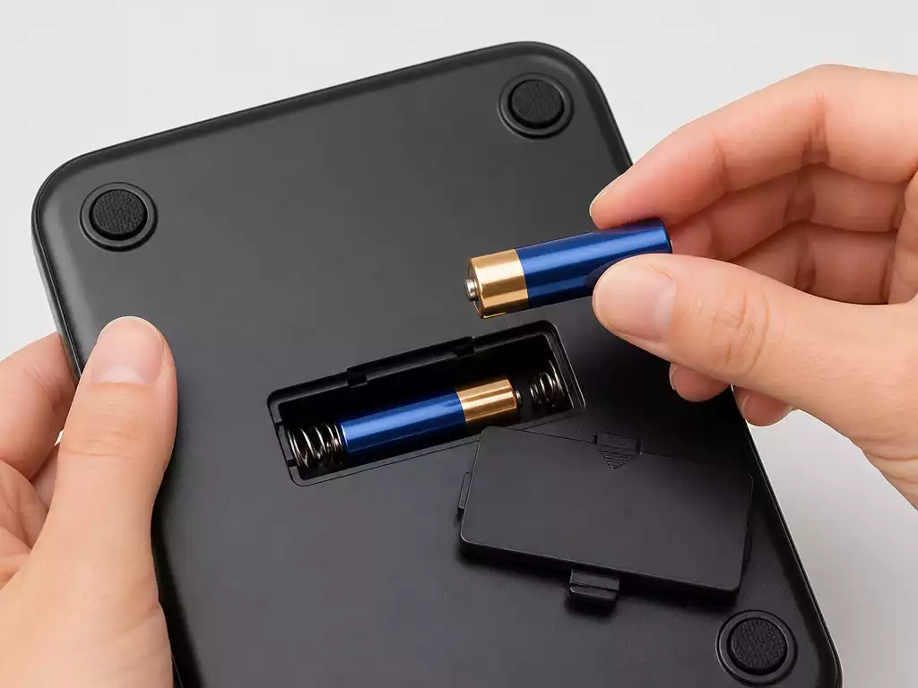 Close-up of a hand replacing a battery in a digital scale, showing the battery compartment and a new battery, clean background
