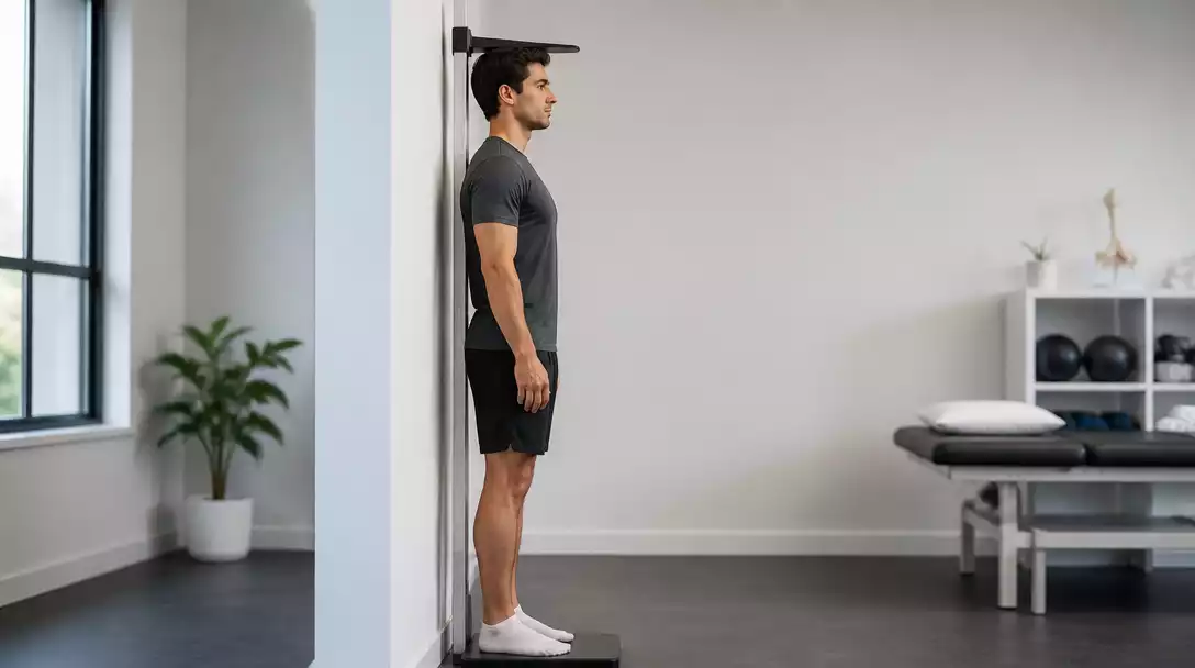 Person using a stadiometer to measure height, focusing on accuracy and proper posture