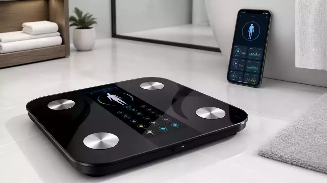 Modern Ozeri smart scale on a clean bathroom floor, displaying various body composition metrics on a screen, with a smartphone showing a health tracking app in the background, no text, no words, no typography, no labels, clean image