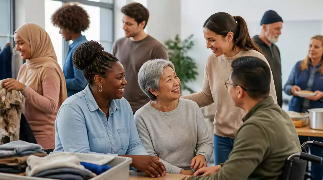 Diverse group of people smiling and interacting in a community setting, representing access to services