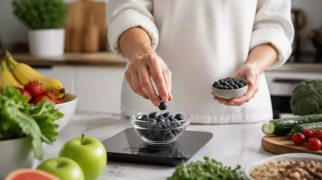Person using a modern digital kitchen scale to weigh ingredients for cooking, with fresh produce around