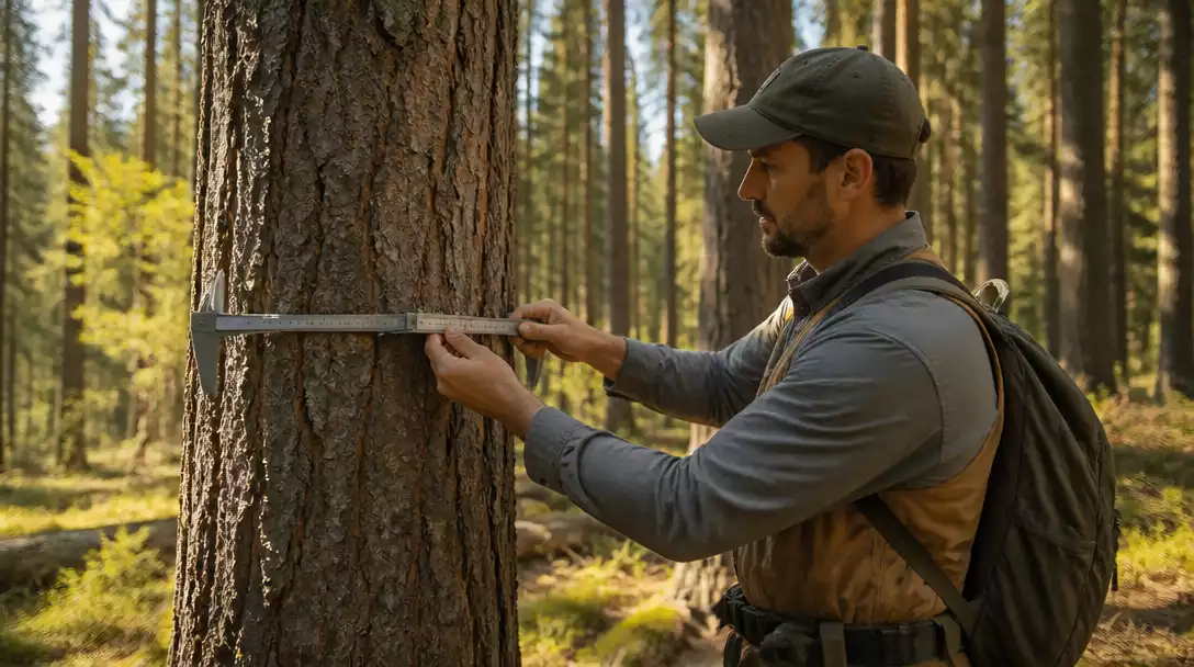 Forestry professional measuring a tree's DBH with a caliper in a sunlit forest