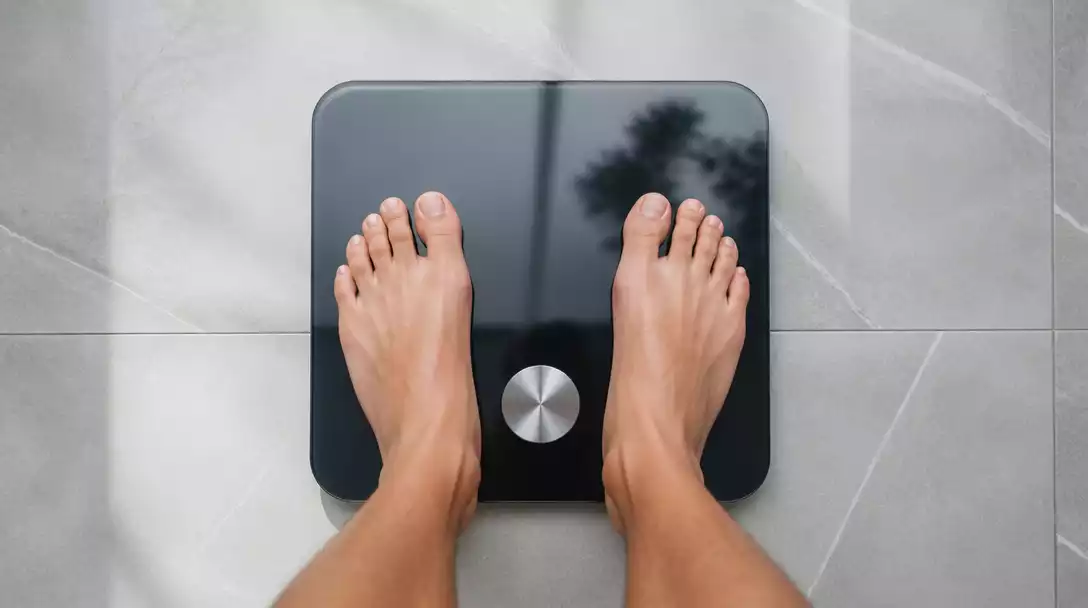 Modern digital bathroom scale on a hard, flat tile surface, with a person's feet visible, no text, no words, no typography, no labels, clean image