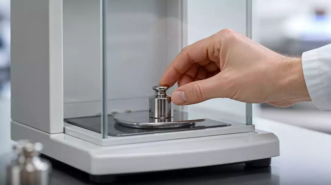 Digital scale showing a slight drift in measurement, with a hand adjusting a small weight