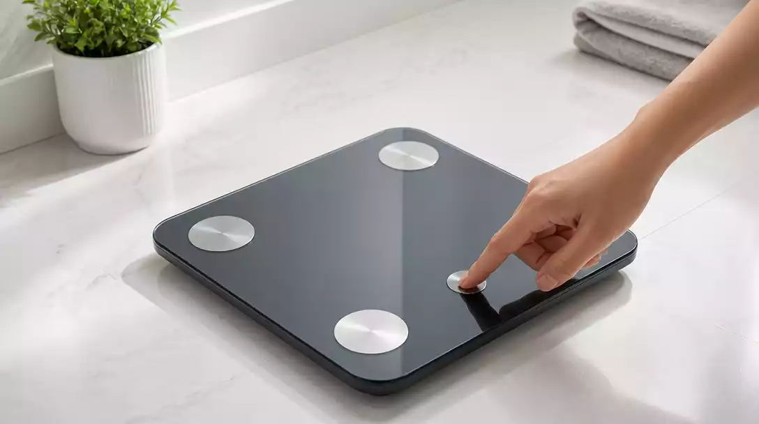 Person's hand pressing a reset button on a modern digital weight scale on a clean bathroom floor, no text, no words, no typography, no labels, clean image